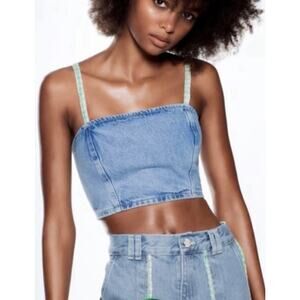 ZARA Denim Crop Top with Tweed Back Detail – Size